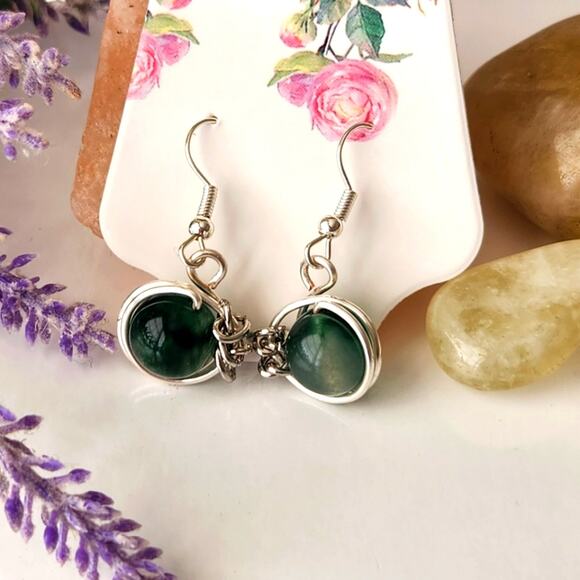 Green Natural Jade Stone Earrings, Silver Plated Wire Wrapped Earrings - Picture 4 of 12
